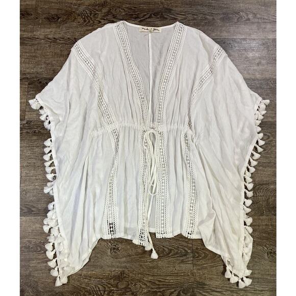 Michael Stars Womens White Honeymoon Caftan Boho Fringe Beach Cover OS - Picture 2 of 8